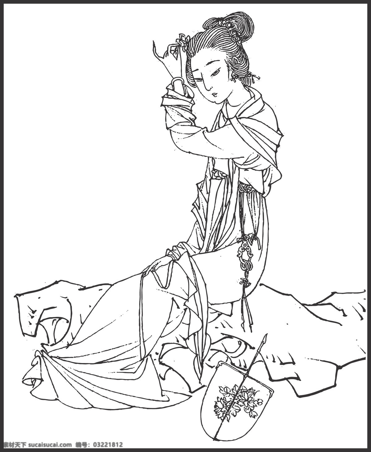 人物 女子 贵妇 优雅 扇子 线条 矢量 装饰 插画 白描 仕女白描图 人物图库 女性妇女