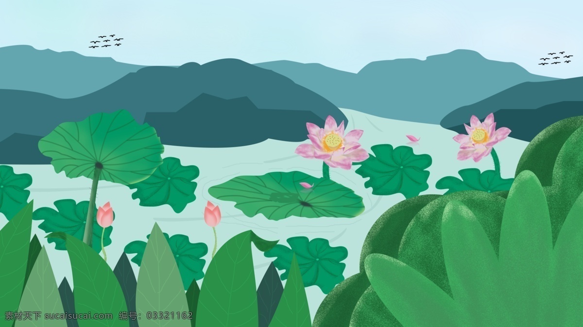水彩 荷花 塘 远山 banner 背景 清新 海报背景 广告 彩色背景 池塘 荷塘 手绘 背景展板 背景设计