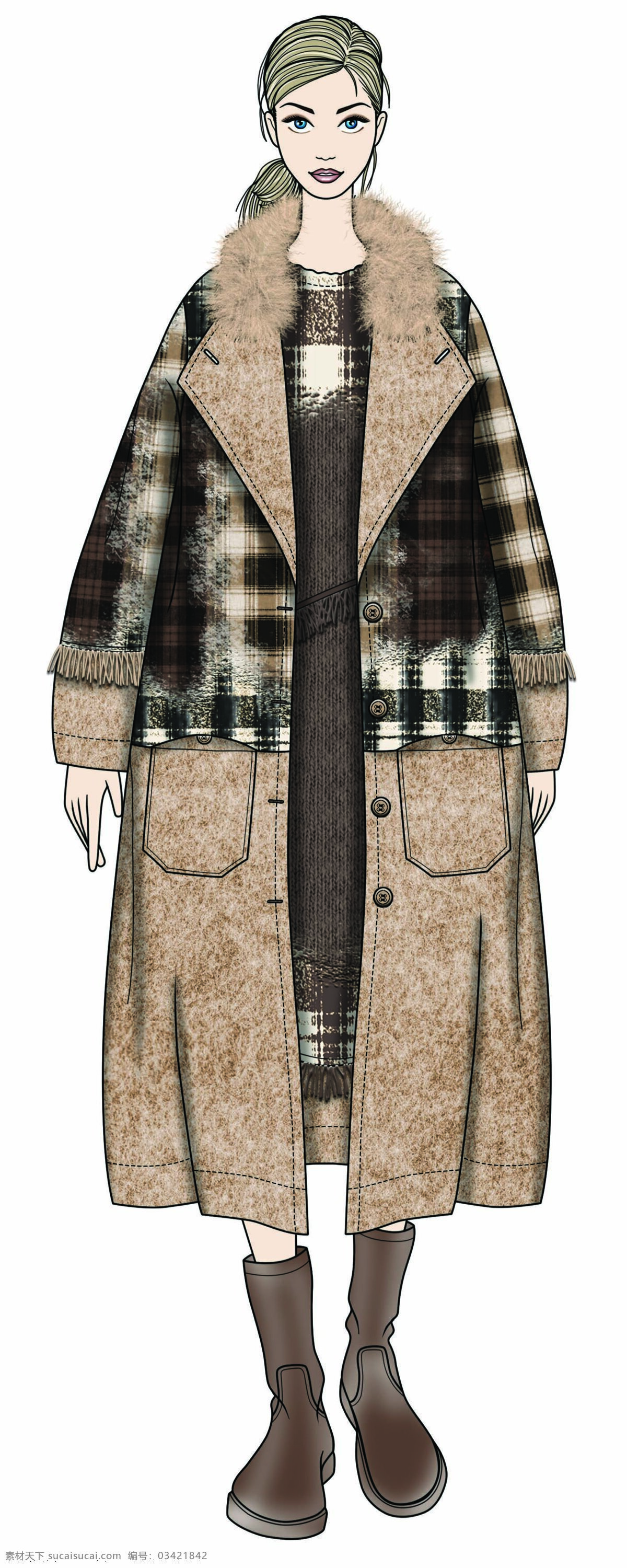个性 温暖 格子 拼 色长 外套 女装 服装 效果图 服装效果图 格子外套 裤子 上衣