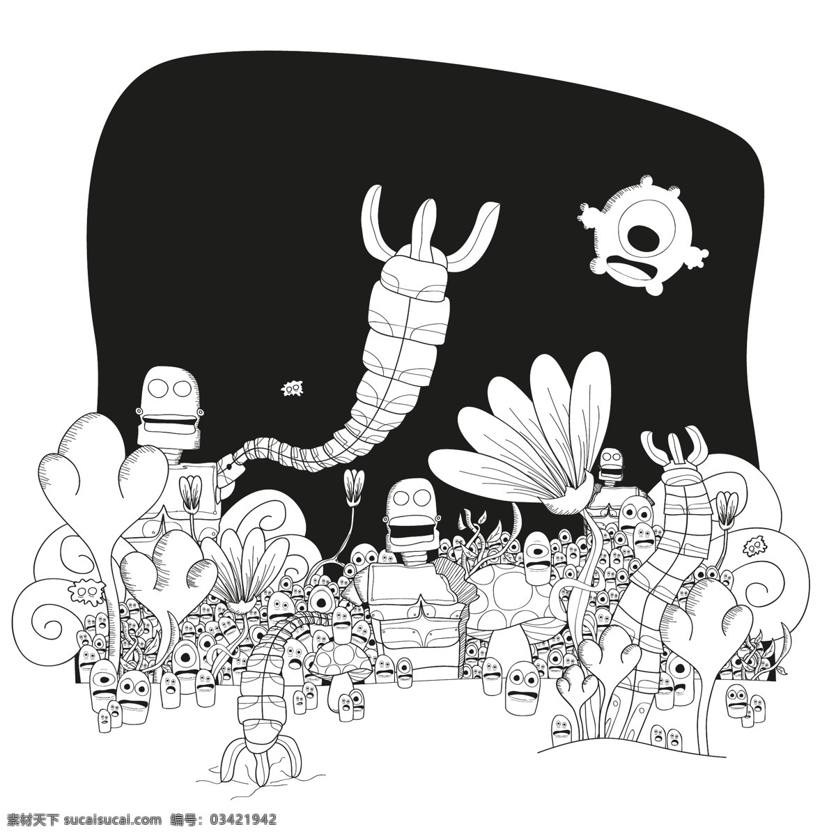 插画 创意 儿童 黑白 时尚 涂鸦 植物