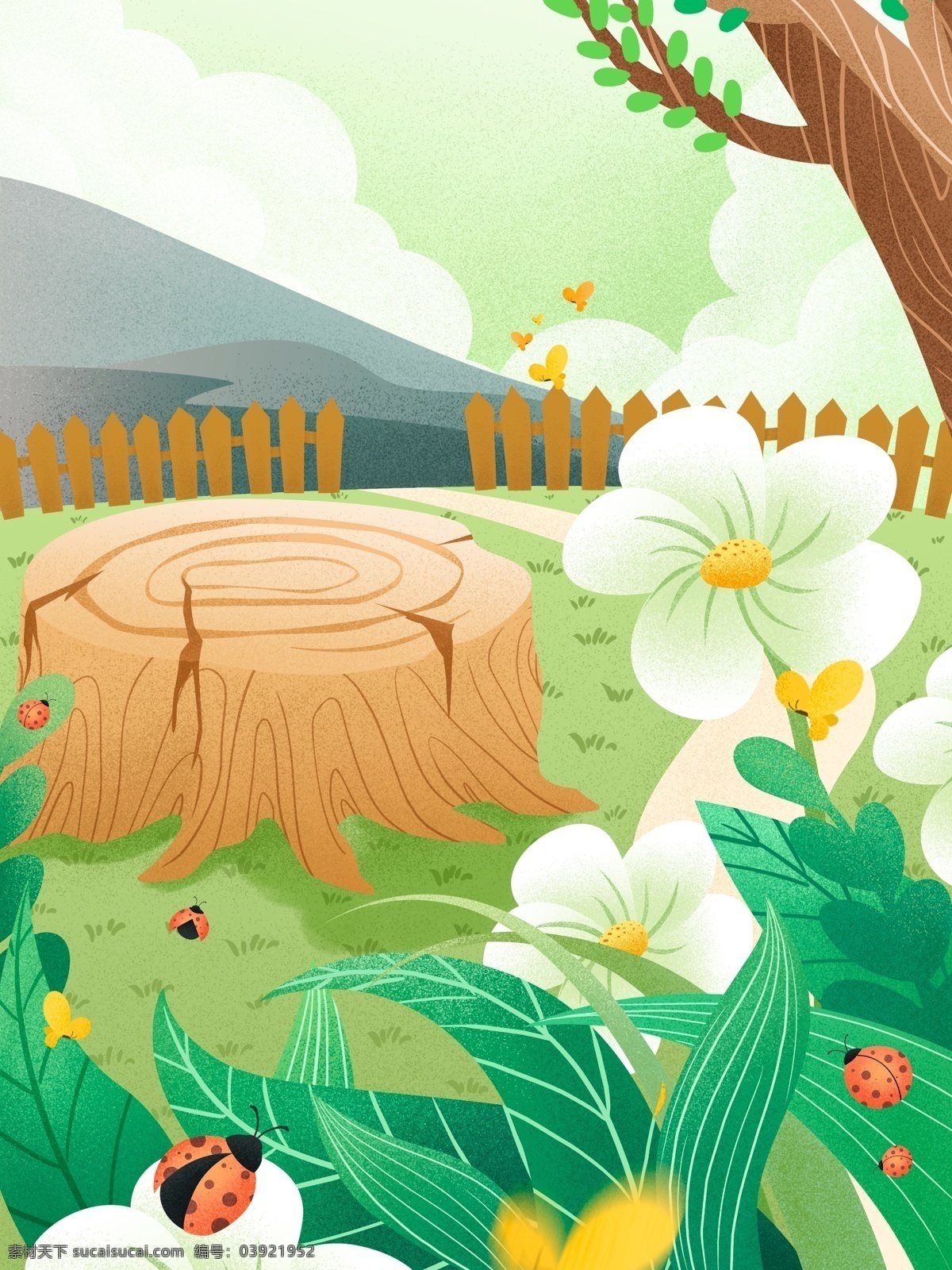 手绘 春季 树桩 花朵 背景 瓢虫 树墩 春天背景 广告背景 彩绘背景 手绘背景 通用背景 psd背景 特邀背景 促销背景 背景图