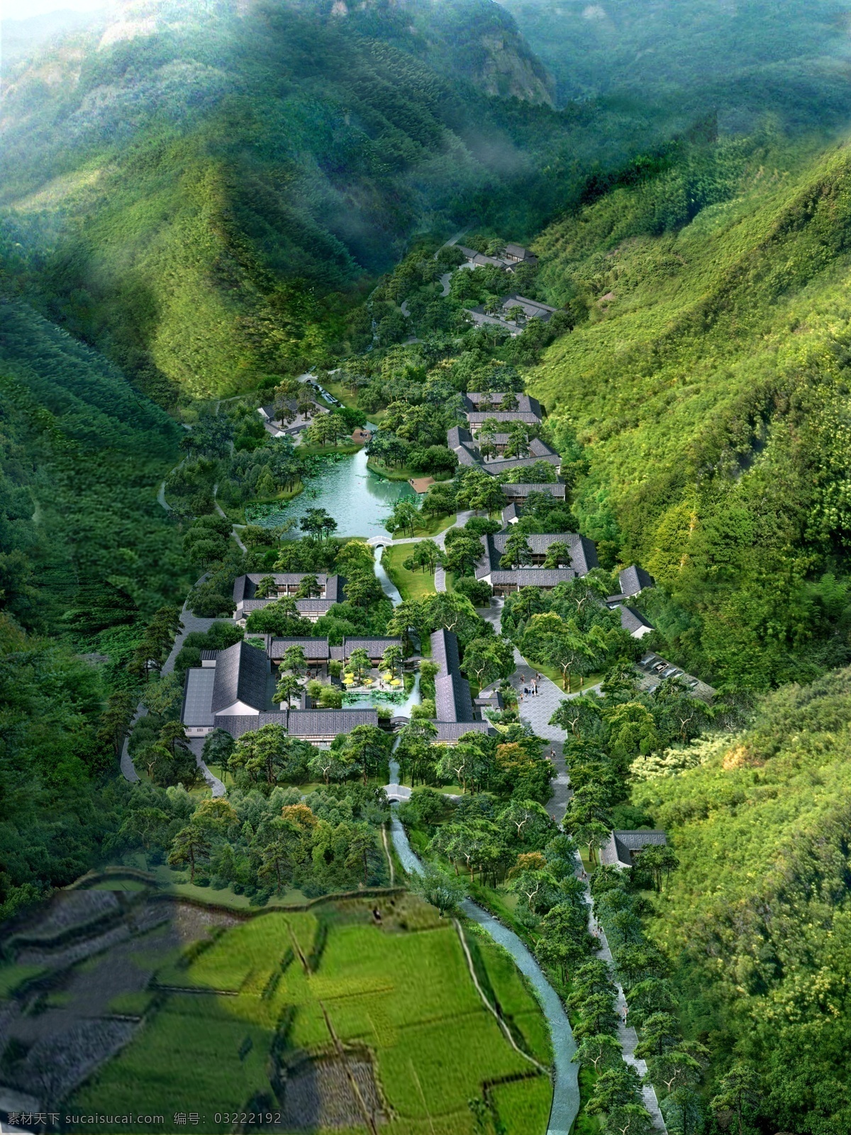 山中 旅游景观 鸟瞰图 池塘 房屋 建筑物 山峰 树木 草地 马路 云雾效果 环境设计 景观设计