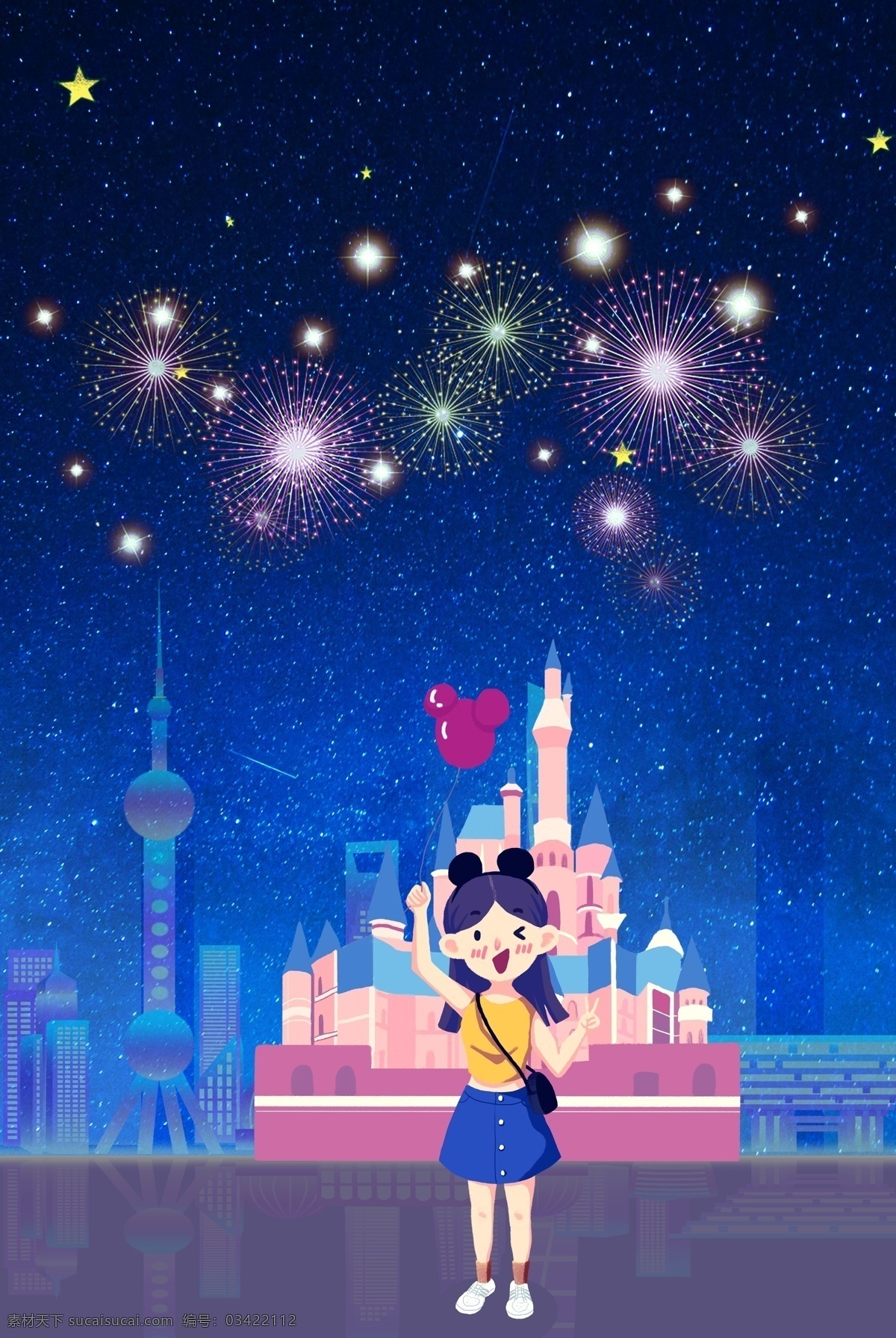 创意 合成 旅游 背景 建筑 夜景 烟花 迪士尼 卡通 女孩