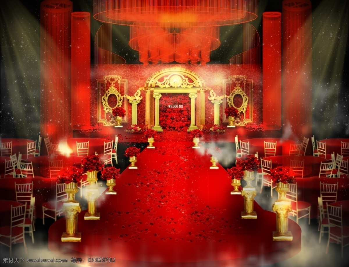 欧式 主 背景 婚礼 效果图 罗马柱 吊顶 花瓣 花墙 红金色婚礼 线帘
