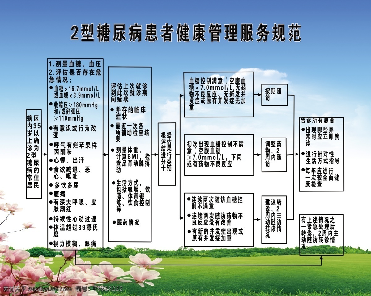 糖尿病 健康管理 流程图 兴糖尿病健 蓝天白云 花草 草地 医院流程图 医院 健康 展牌 展板模板 广告设计模板 源文件