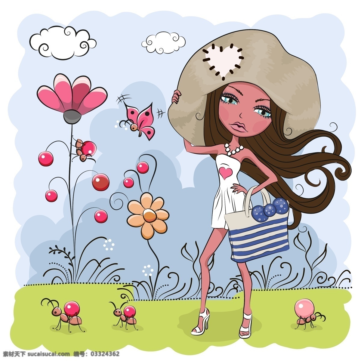 卡通女生 人物 卡通 花朵 女生 帽子
