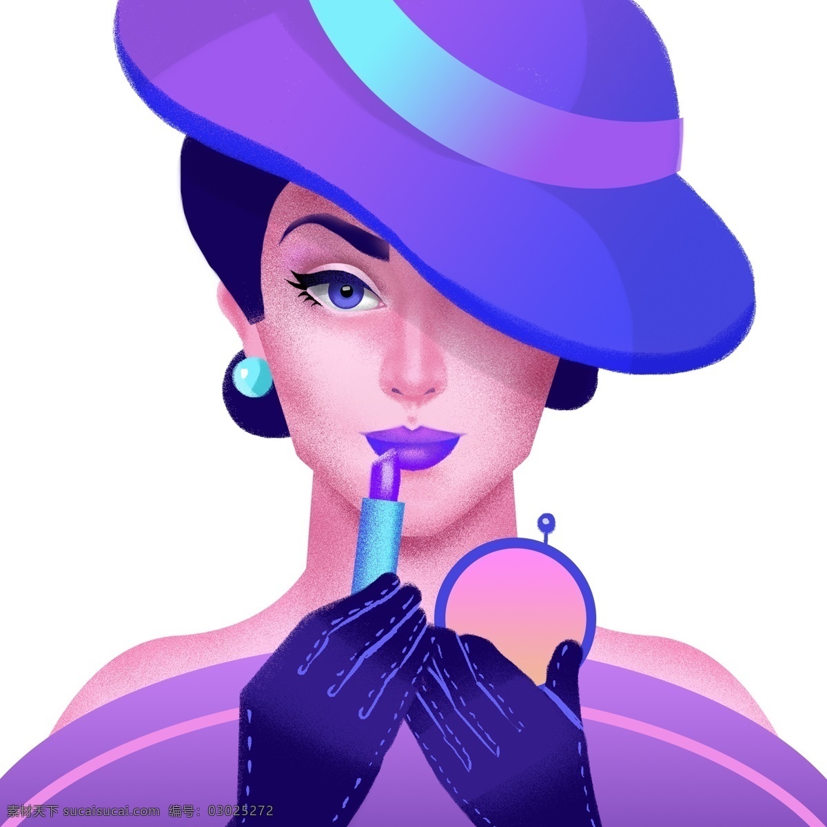手绘 时尚 正在 化妆 女人 紫色 渐变 人物 插画 卡通