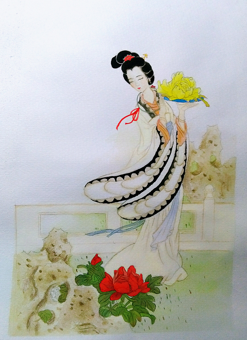 古风手绘 手绘仕女图 牡丹花 古风插画 水彩画 闲时手绘 文化艺术 绘画书法