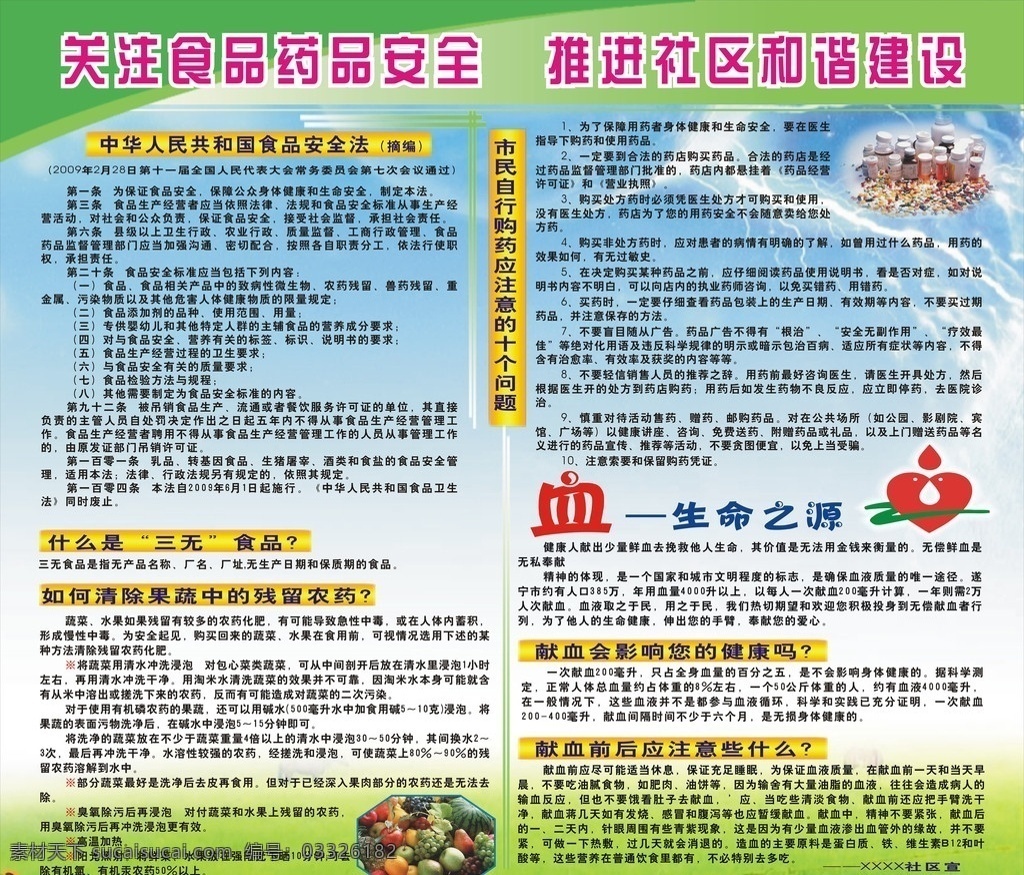 社区 食品 药品 宣传栏 社区宣传栏 绿色 血 生命之源 关注健康 矢量