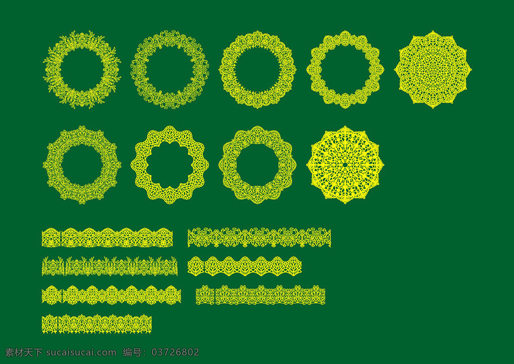 蕾丝花纹图案 蕾丝花纹 圆形花纹 欧式花纹边框 矢量花纹 印花矢量图 绿色