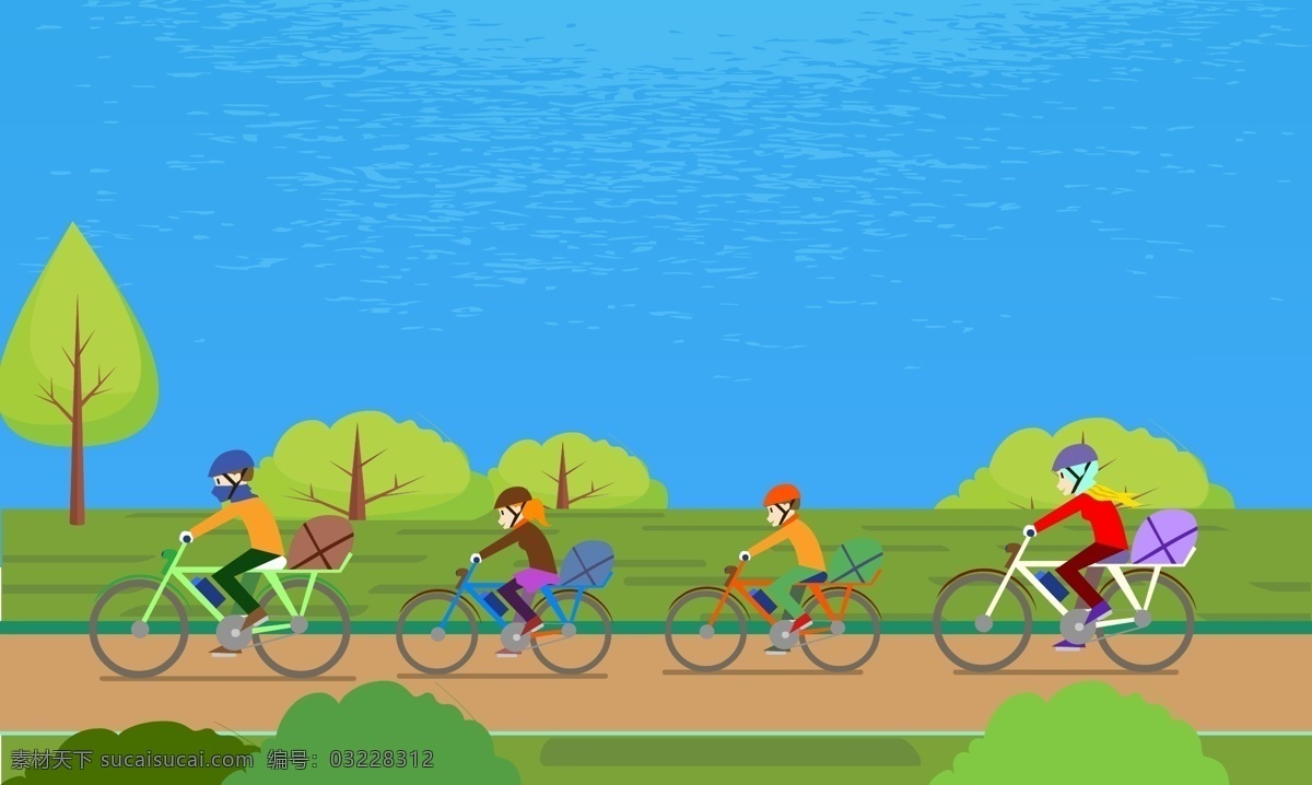 矢量 扁平化 骑 行 运动 背景 自行车 蓝天 渐变 几何 骑行 比赛 锻炼 活动 绿树 街道 扁平