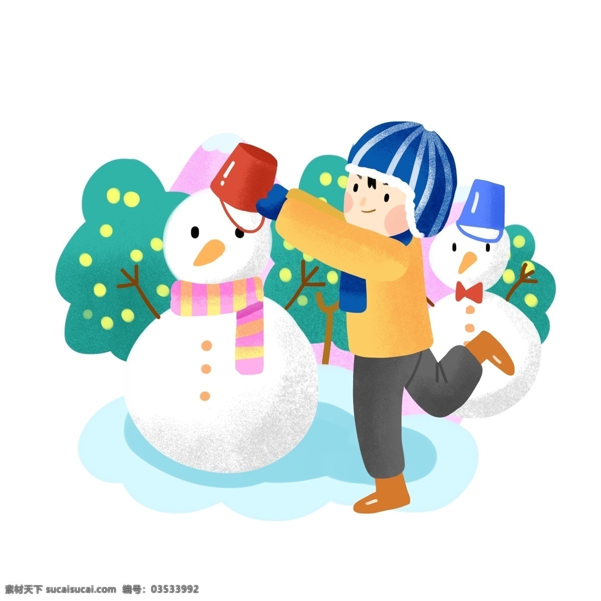 大寒 人物 雪人 插画 白色的雪人 绿色的植物 白色的雪地 卡通人物插画 大寒人物插画 推 小 男孩
