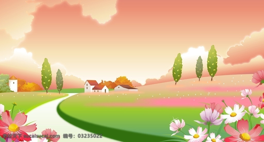卡通风景 卡通风光 卡通素材 卡通 矢量风光 矢量风景 矢量素材 蝴蝶 蓝天 白云 小花 花 花草 树 绿地 草地 房子 道路