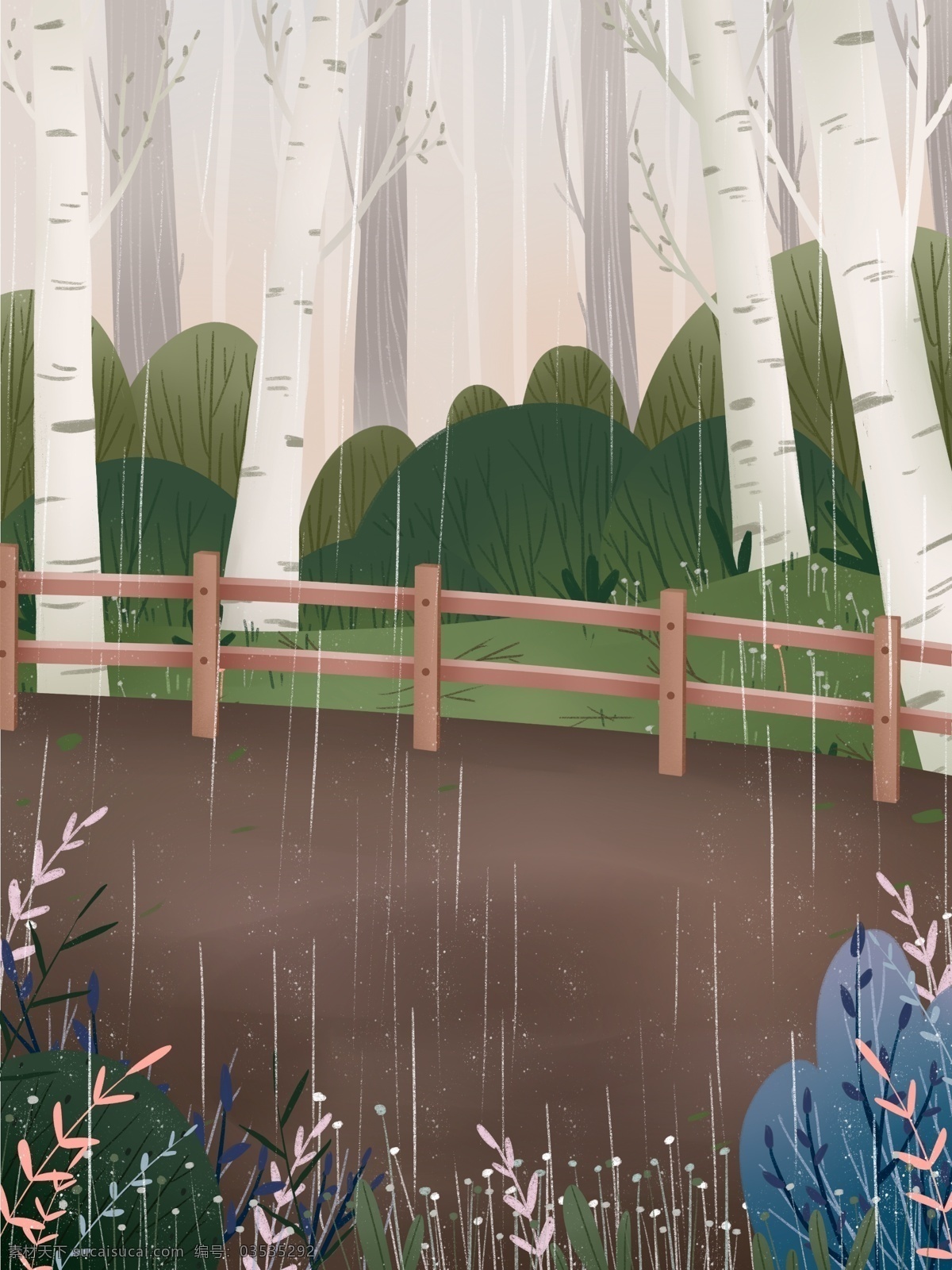 唯美 清新 桥 上 小路 插画 背景 色背景 唯美背景 树林背景 桥上小路 植物背景 psd背景 花卉背景