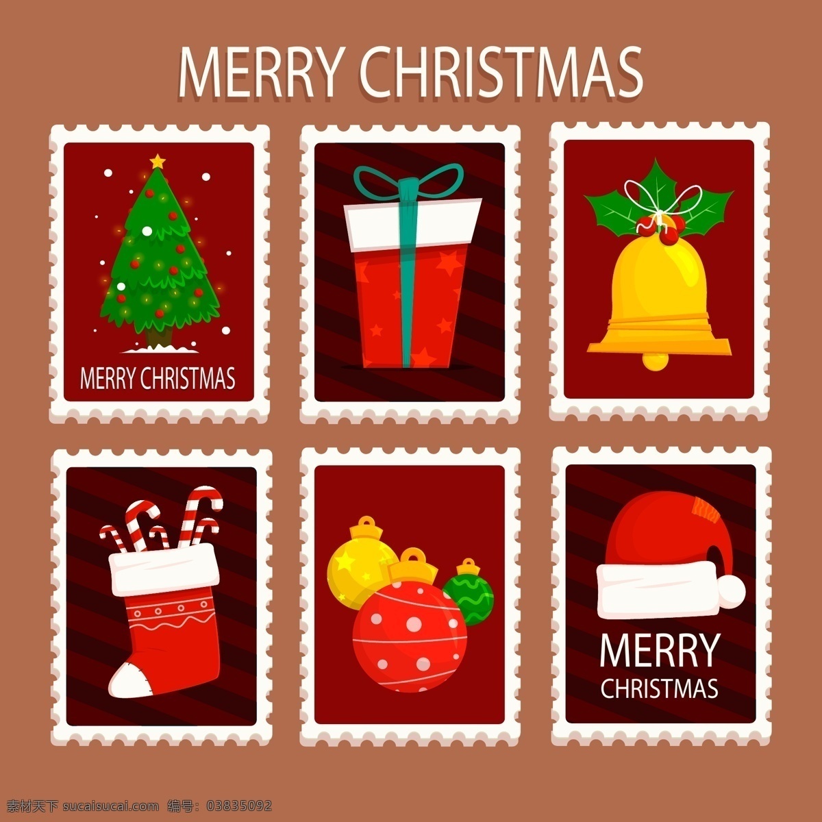 彩色 图案 圣诞节 邮票 标签 圣诞树 礼物 矢量素材 圣诞袜 糖果 铃铛 圣诞帽 英文