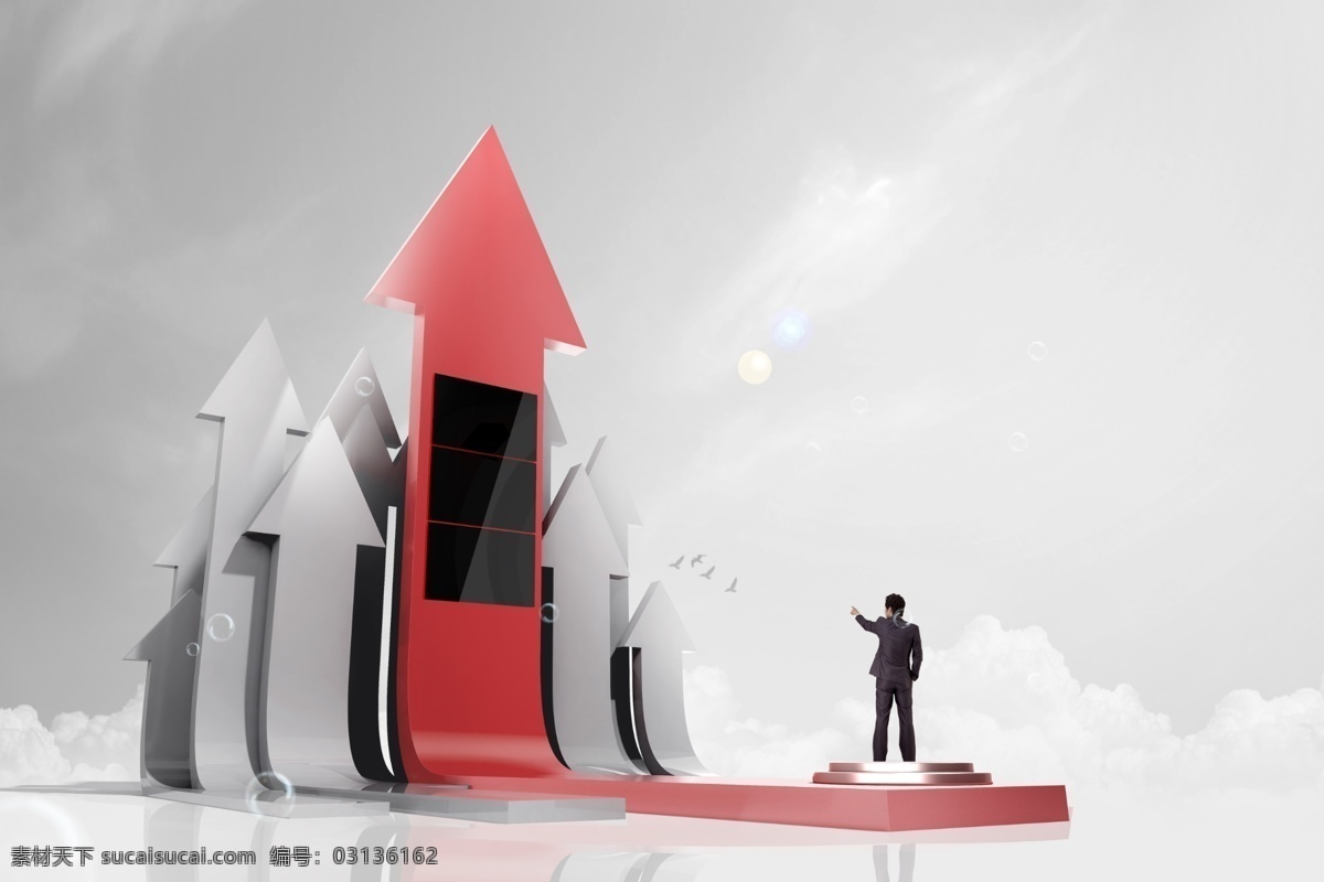 科技箭头 红色箭头 灰色箭头 地球 飞机 房屋 建筑物 白云 科技海报背景 现代科技