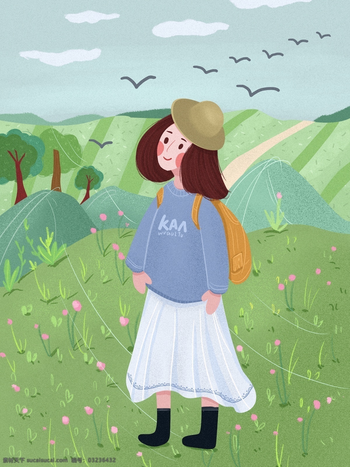 春天 你好 春游 踏青 唯美 清新 插画 绿色 女孩 草 绿地 春 万物复苏 燕子 树 山 春天配图 季节配图 唯美清新插画 手机配图