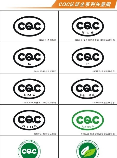 cqc 认证 标志 cqc认证 cqc标志 系列 全系列 通用 cqc安全 安全 emc 电磁兼容 cqc性能 生态 纺织品 质量 环保 cqc农产品 rohs 公共标识标志 标识标志图标 矢量