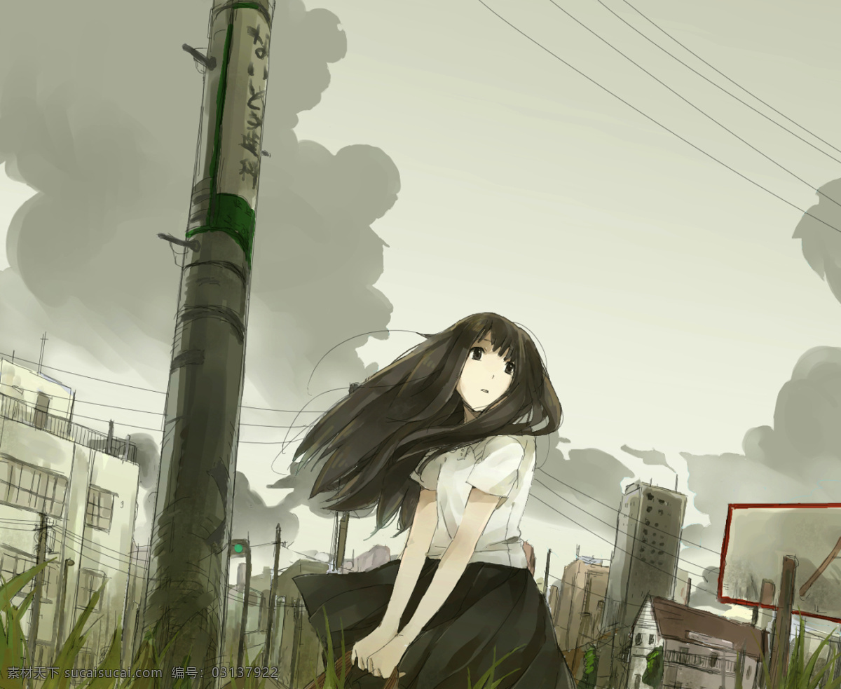 仰望 天空 少女 长发 女孩 灰暗 卡通 动漫 可爱