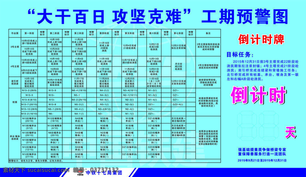 中铁 十 七 局 预警 图 中铁十七局 工期预警图 倒计时 大干百日 攻坚克难 中铁展板 中铁宣传栏 中铁蓝底 青色 天蓝色