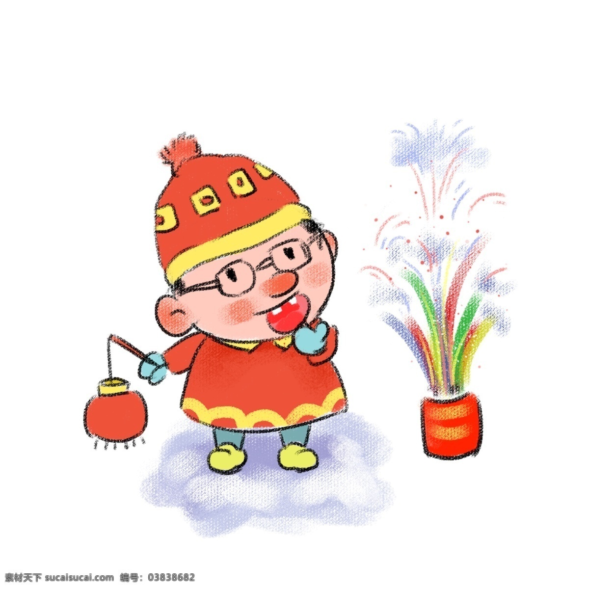 手绘 众 古风 复古 新年 迎新 春 年画 系列 放 烟花 中国风 蜡烛 红色 黄色 蝴蝶结 复古风 小男孩儿 迎新春 钱袋子 打灯笼 开心 放烟花