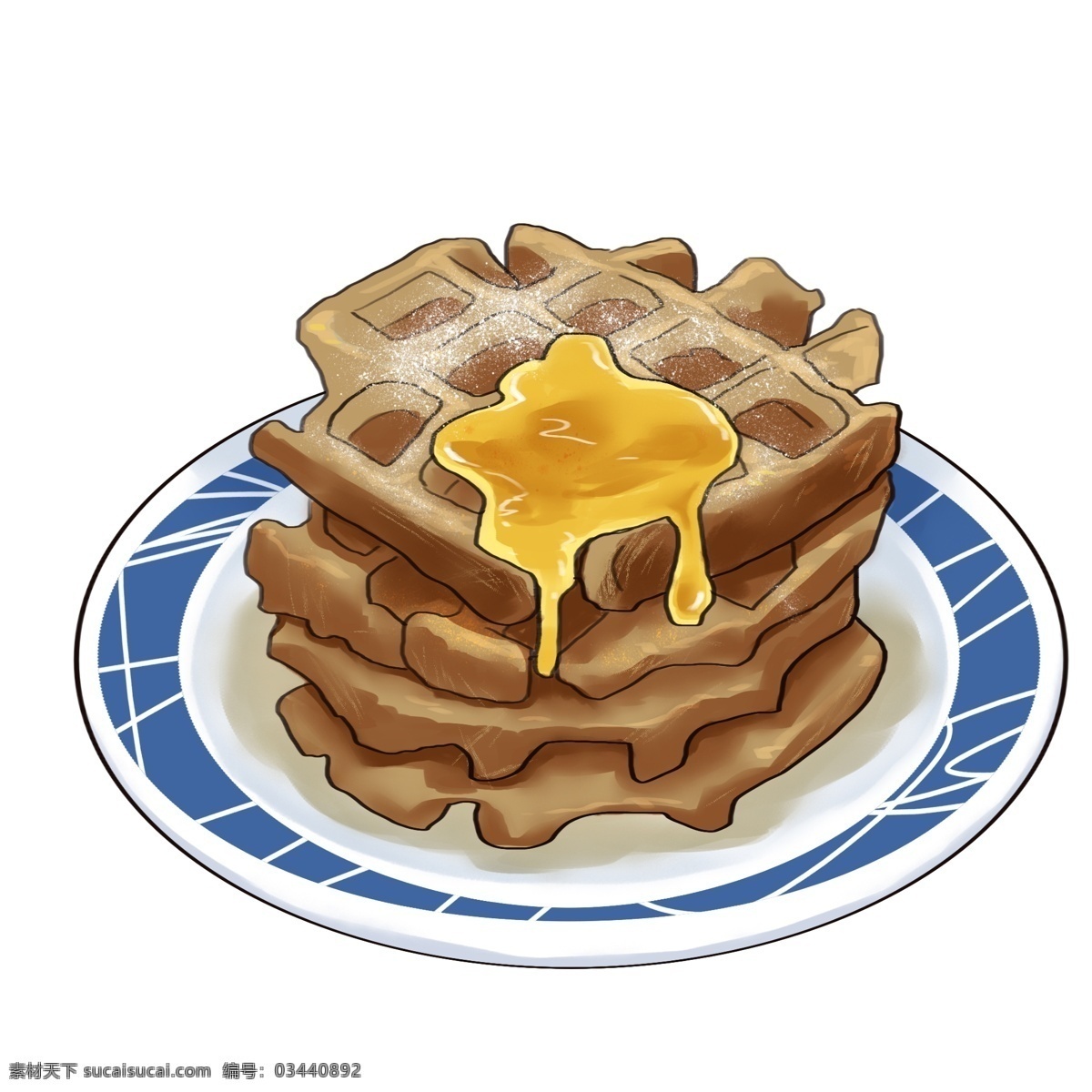 手绘 美食 甜品 插画 面包 华夫饼 黄色 果酱 食物