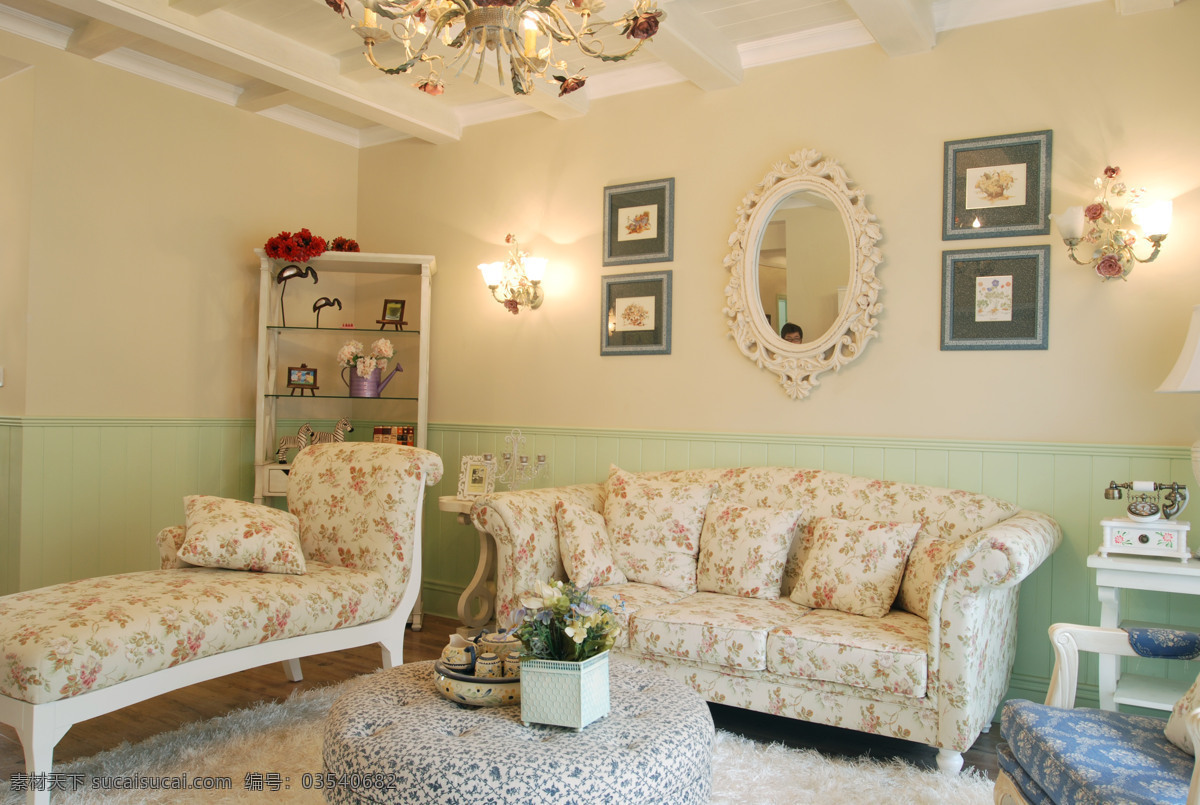 田园 地中海 客厅 圆形 茶几 装修 效果图 方形茶几 花色沙发 壁画 壁灯 灰黄色墙壁