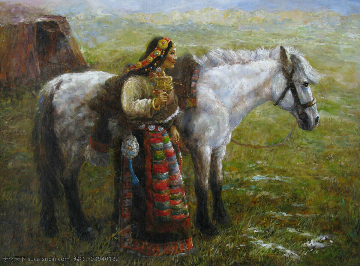 白马 草地 风景画 绘画书法 美术 女人 女子 草原春色 油画 牧马 油画艺术 油画作品46 文化艺术 家居装饰素材