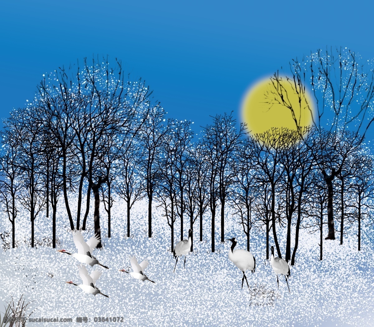 树林 鹤 雪 白色 图画 制作 文化艺术 绘画书法