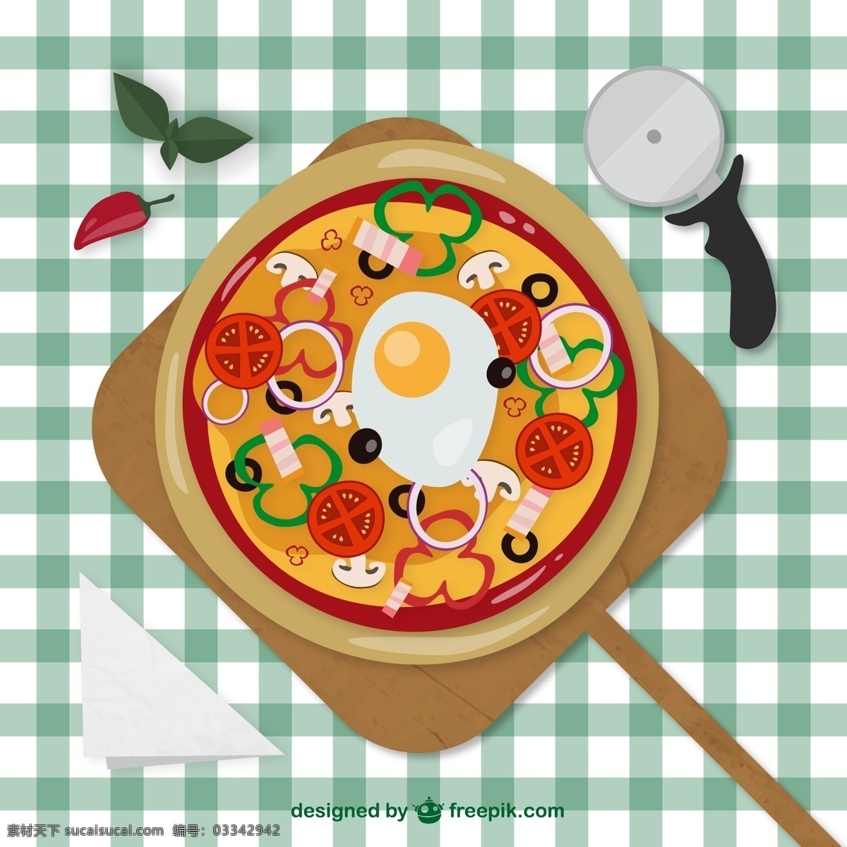 餐桌 上 披萨 俯视图 矢量 桌布 食物 辣椒 披萨刀 矢量图 矢量设计 白色