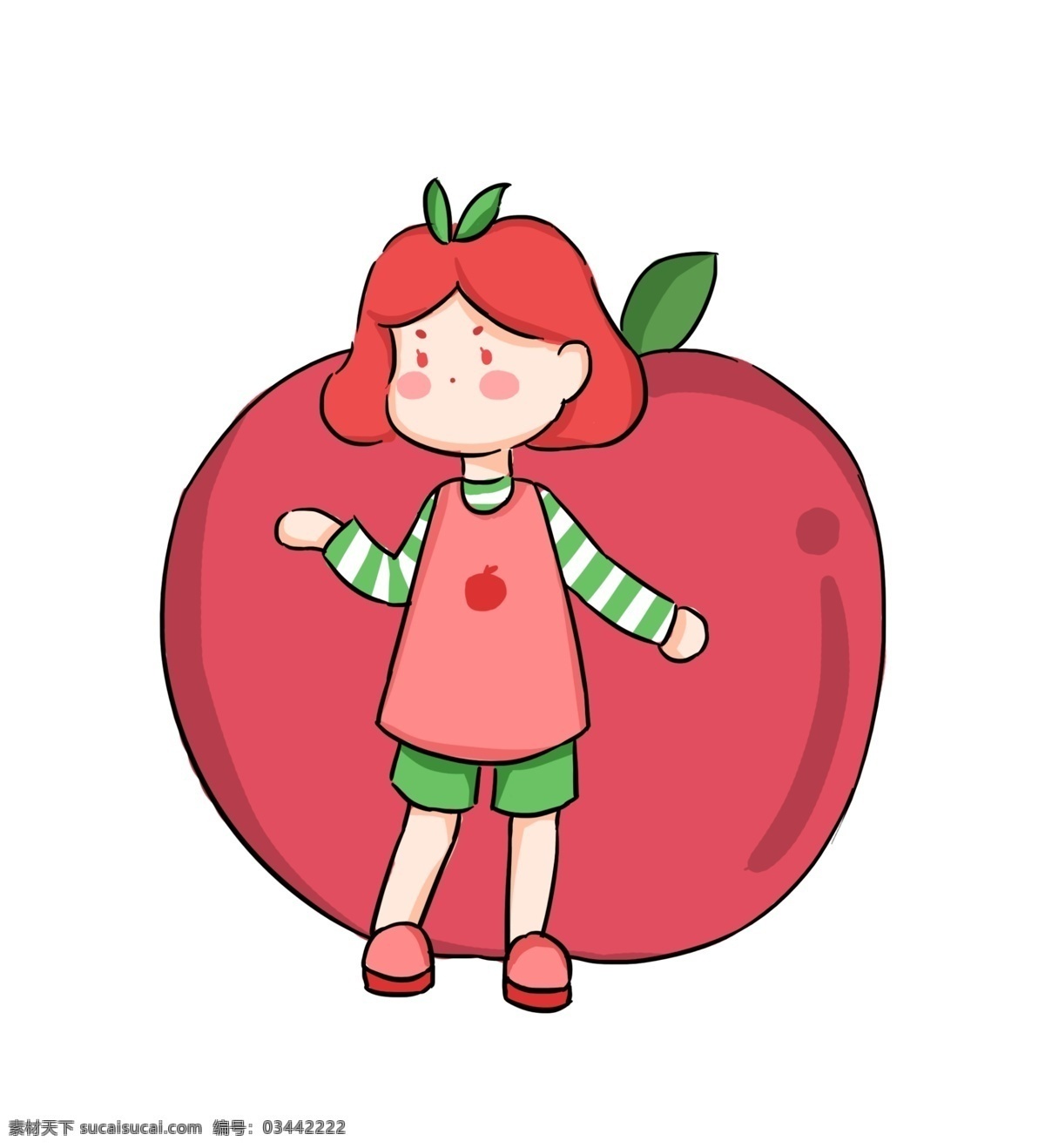 夏日 苹果 女孩 拟人 水果 卡通 创意 插画 红色