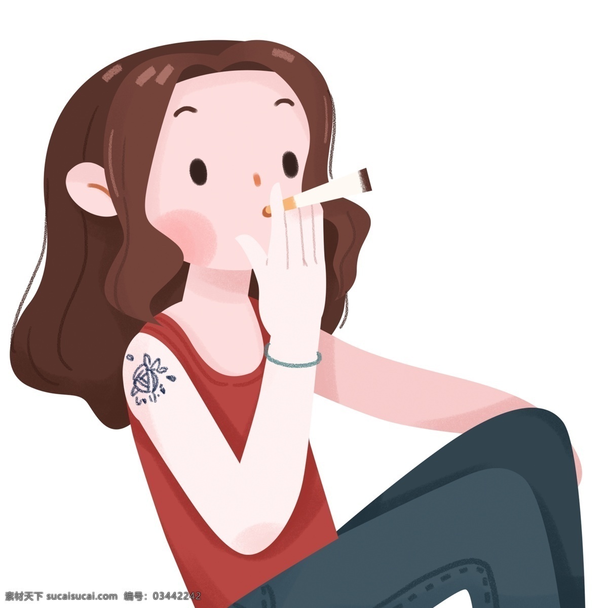 手绘 吸烟 女孩 插画 人物 治愈系 纹身 不良少女