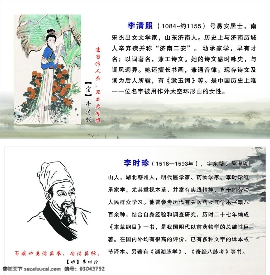 小学文化墙 小学 学校 文化墙 名人名言 李清照 李时珍 国画 山水画 水墨画 中国风 初中 画像 招贴设计