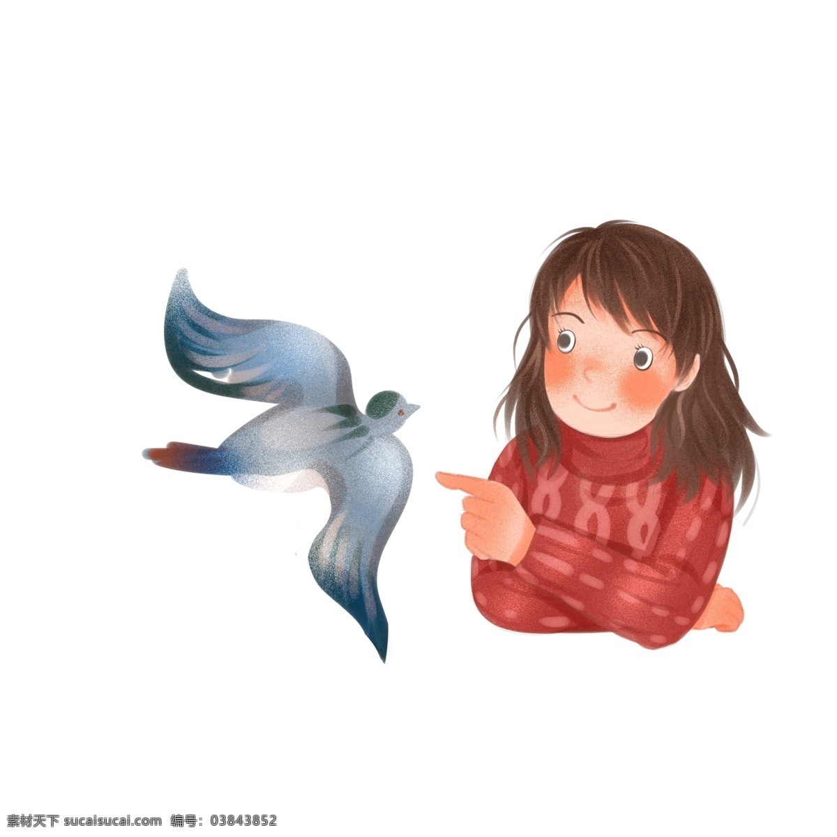 卡通 手绘 女孩 小鸟 玩耍 插画 女生 人物