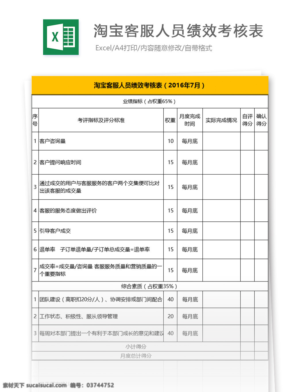 淘宝 客 服 人员 绩效 考核表 excel 模板 表格模板 图表 表格设计 表格 员工 人力 hr 绩效表 人力资源管理 人事报表 行业表格 kpi 考核
