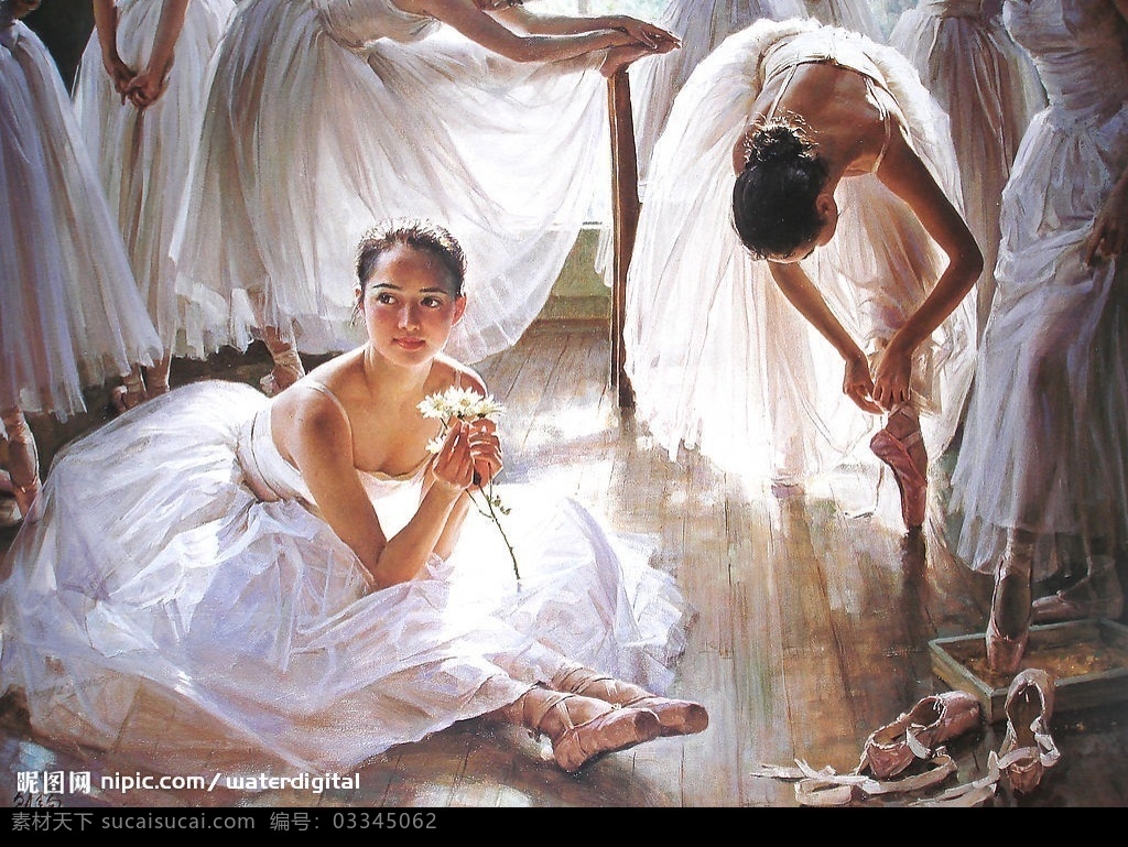 油画人物 芭蕾舞者 芭蕾舞鞋 训练 舞姿 笑脸 窗外 文化艺术 绘画书法 设计图库