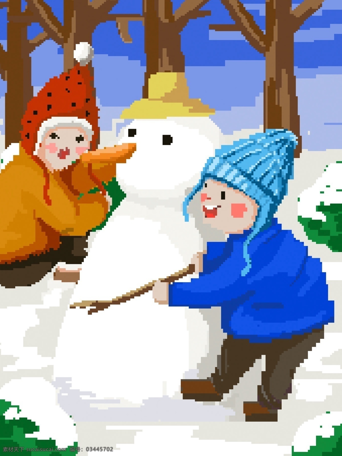像素 画 冬季 下雪 男孩 女孩 堆 雪人 冬季户外 男孩女孩 树丛 蓝天 复古像素画