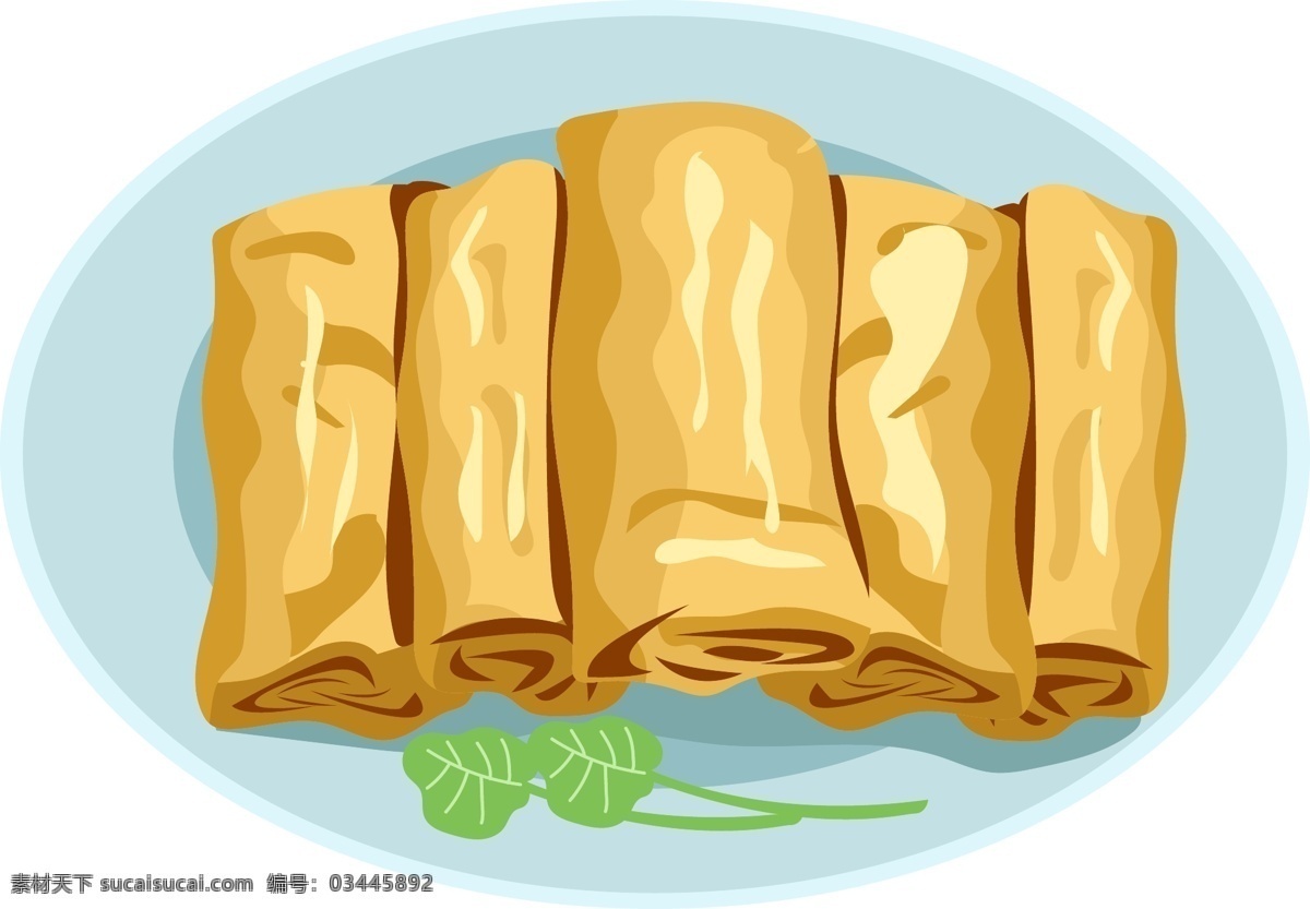 食物 春卷 矢量 商用 叶子 盘子 黄色 蓝色 绿色