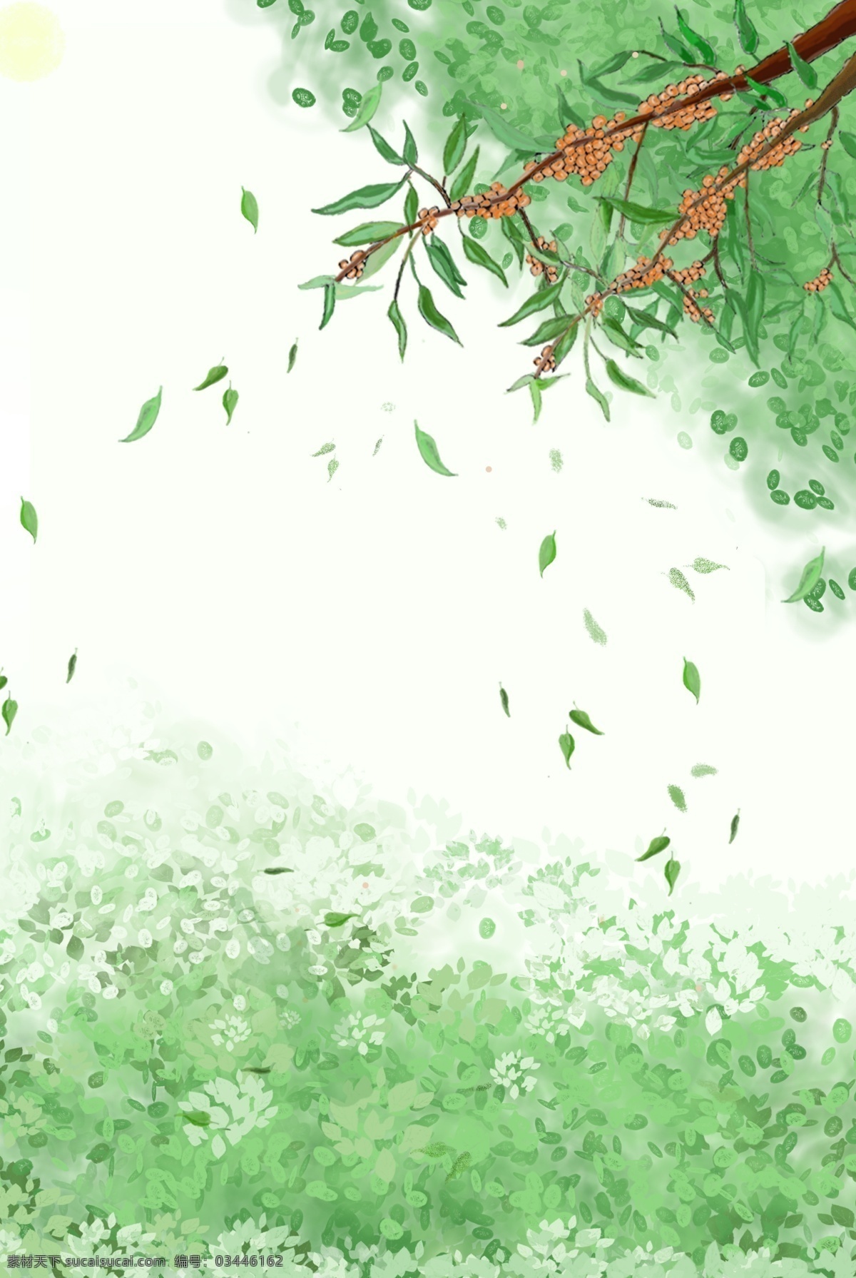 手绘 风 绿意 盎然 春天 背景 图 绿色 荆棘 果实 希望 树叶 太阳 树 温馨 唯美 淘宝 幸福
