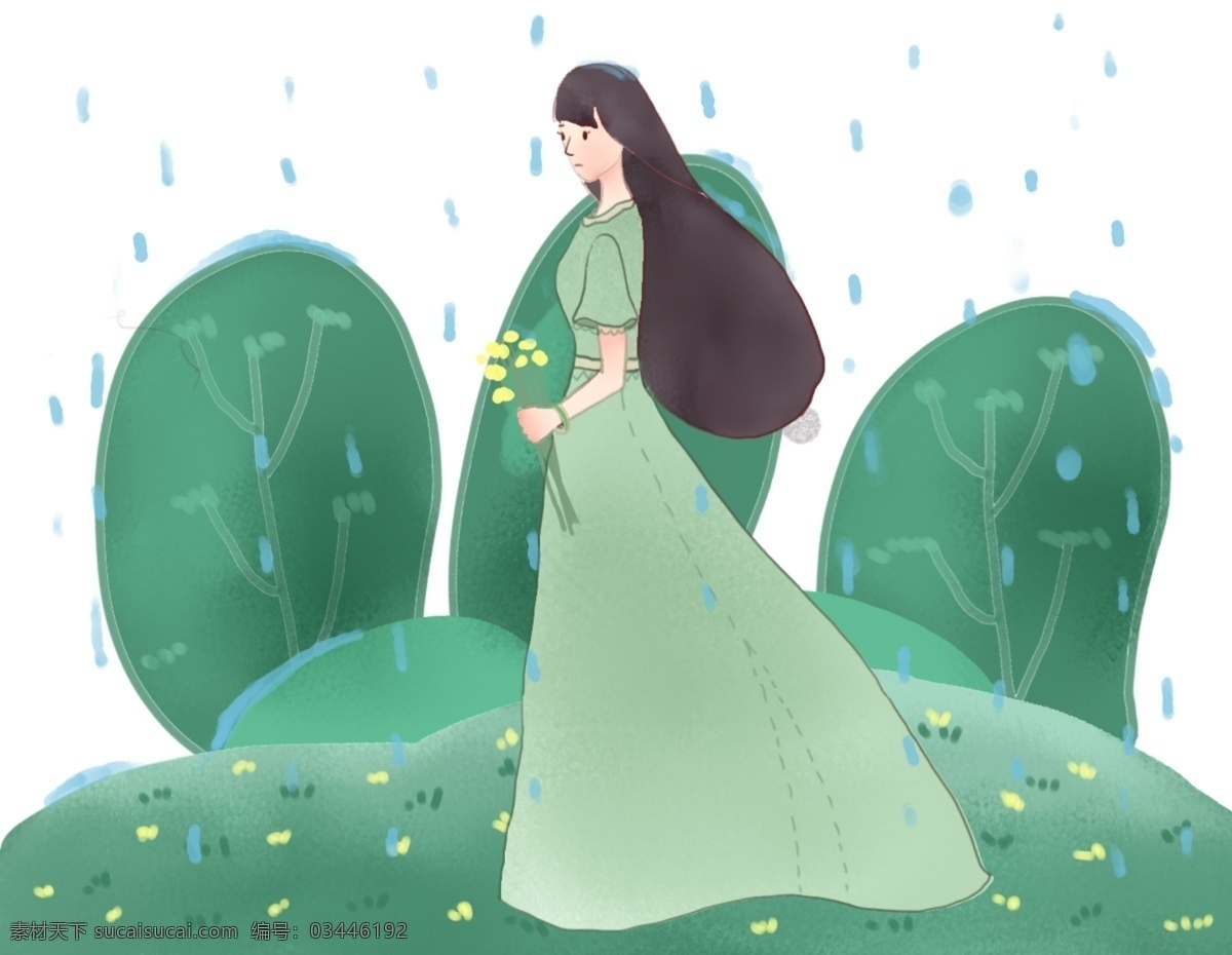 清明节 摘 花 女孩 插画 摘花的女孩 卡通插画 清明节插画 清明节下雨 纷纷下雨 清明踏青 美丽的女孩