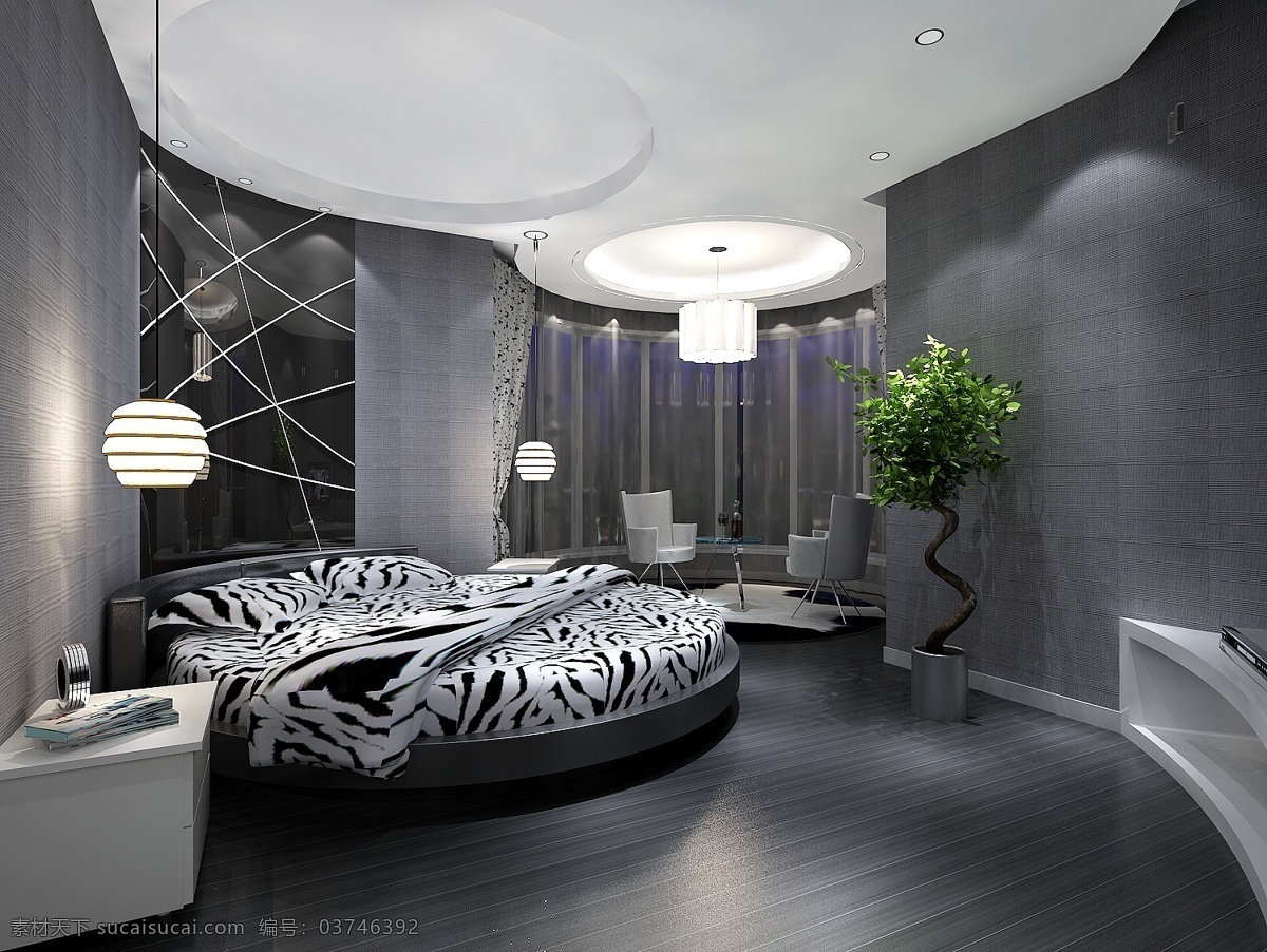 现代酒店模型 灰色 室内模型 现代酒店 大床房设计 3d素材