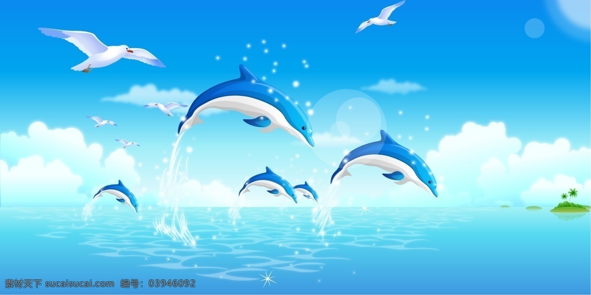 3d海豚 卡通海豚 分层 简约 蓝色 天空 海鸥 沙滩风情 卡通插画 自然景观 自然风光