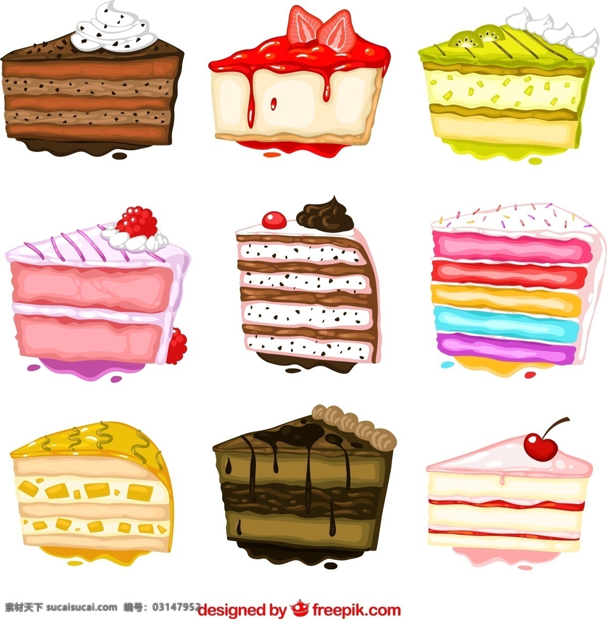 美味 三角 蛋糕 矢量 樱桃 草莓 猕猴桃 奶油 水果 巧克力 甜点 三角蛋糕 彩虹蛋糕 矢量图 白色