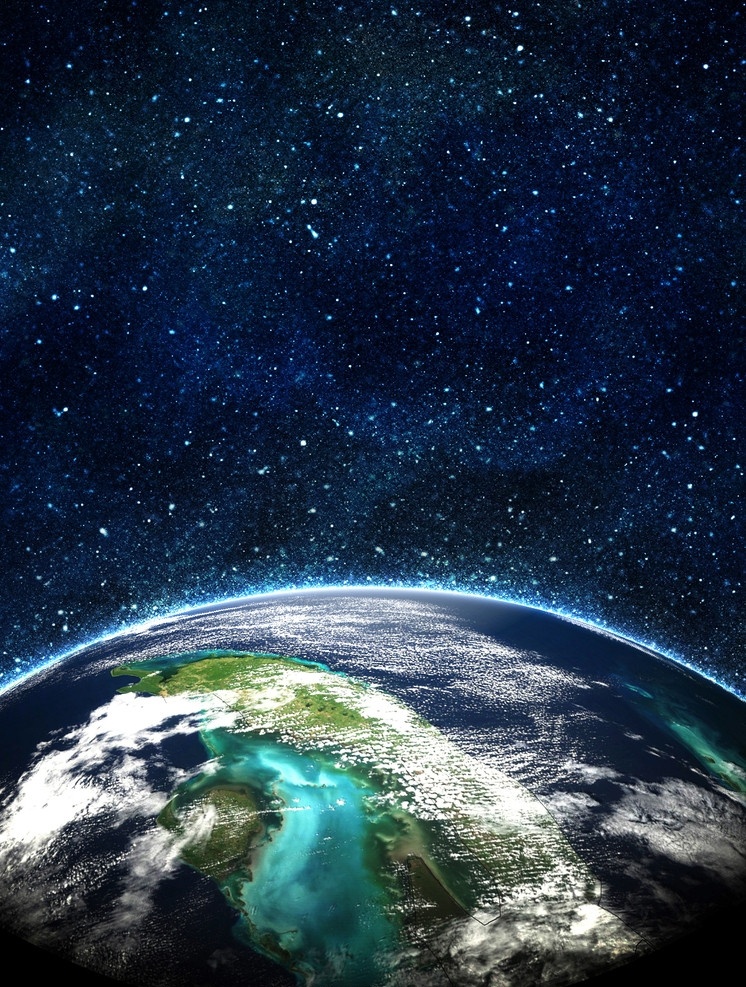 地球 太空 太阳 阳光 光照 深远 浩瀚 蓝色 背景 自然景观