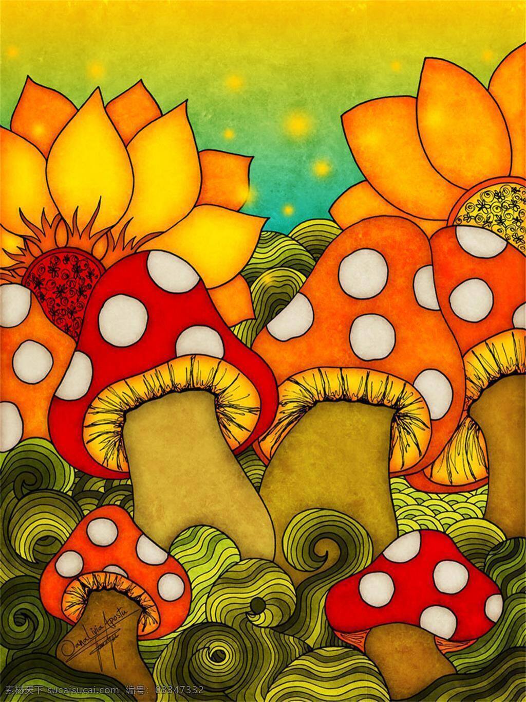 童话蘑菇插画 插画集 插图素材 蘑菇 色彩 童话 插 画集 绚丽色彩填色 罗马尼亚 oana livia apostu 黄色