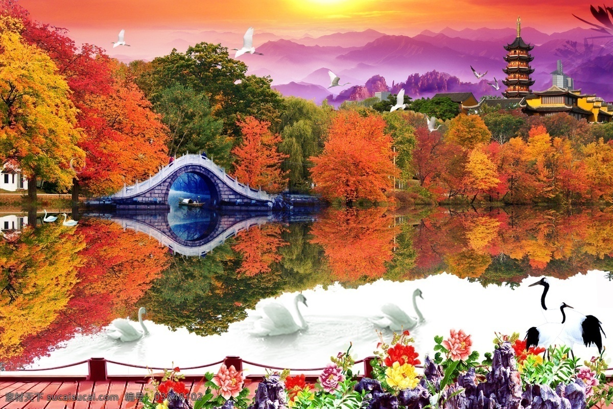 世外桃源 秋天 人间仙镜 人间美景 人间天堂 世外桃园 大自然 美景 树木 树枝 小鸟 水 湖水 清湖 清静的湖水 倒影 清晨 早晨 日出晨雾 丹顶鹤 远山 山峰 高山 群山 山恋 小船 秋天景色 红叶 红叶树 枫叶 枫林 树林 宝塔 塔 石拱桥 木桥 桥 牡丹 白鹅 假山 景色 花草树木 装饰画 风景模板 山水画 分层 源文件