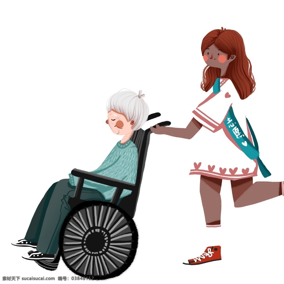 关爱 老人 帮 推 轮椅 志愿者 女孩 商用 元素 插画 人物 卡通 关爱老人 手绘