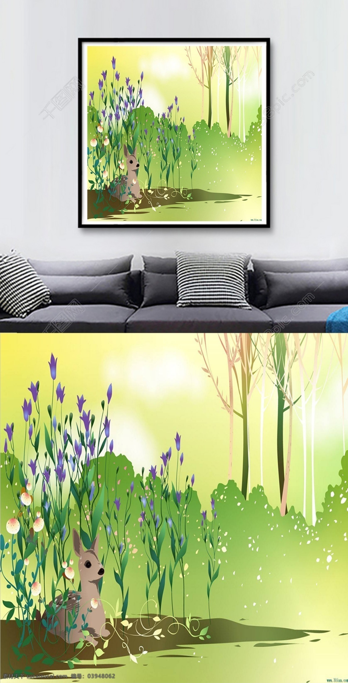 方 图 卡通 小 清新 小鹿 客厅 装饰画 方图 绿色 树木 小清新 小紫花