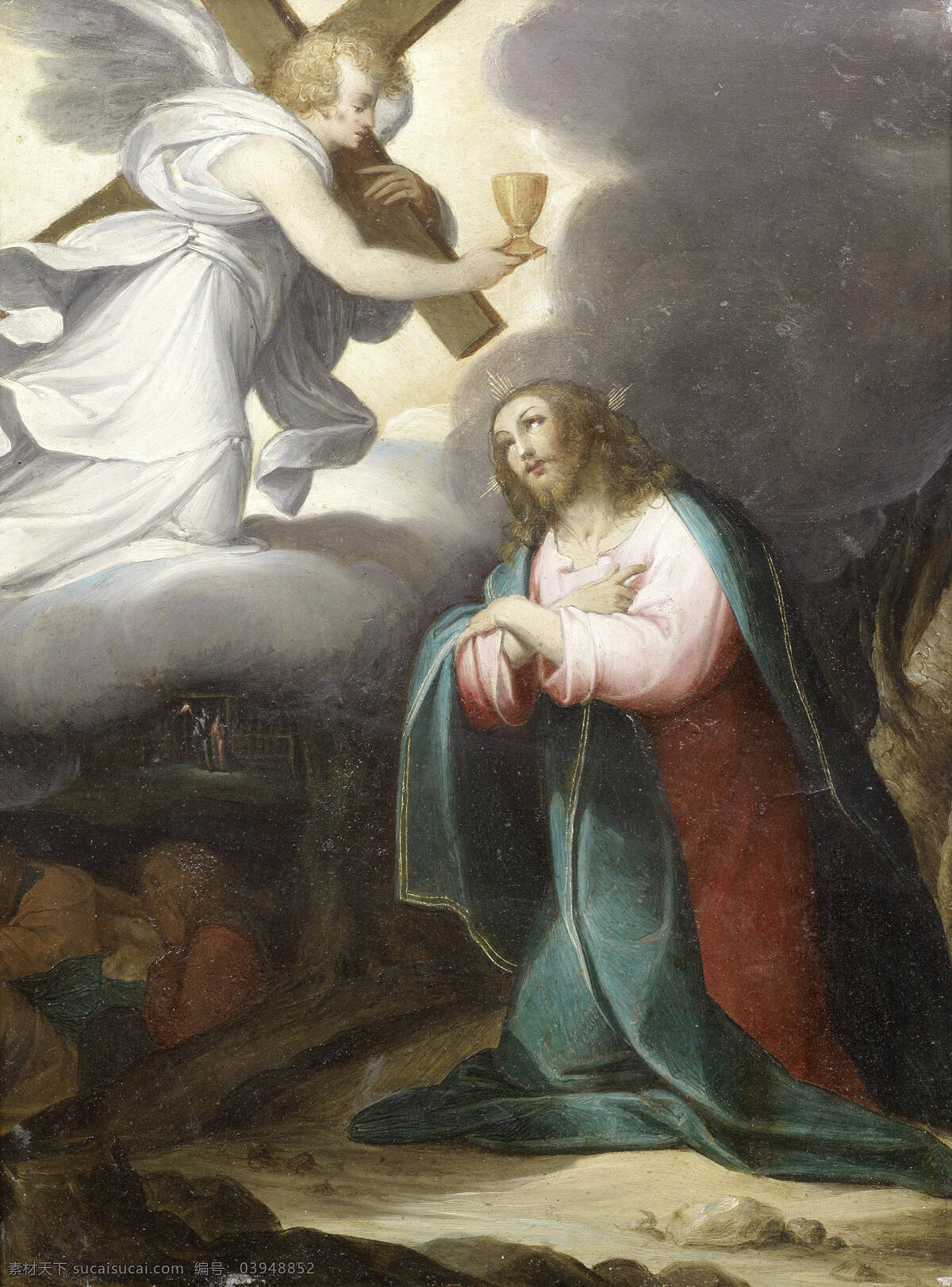 宗教油画 圣经故事 耶稣基督 跪地 天使 十字架 金色酒杯 圣徙们 酣睡 19世纪油画 油画 文化艺术 绘画书法