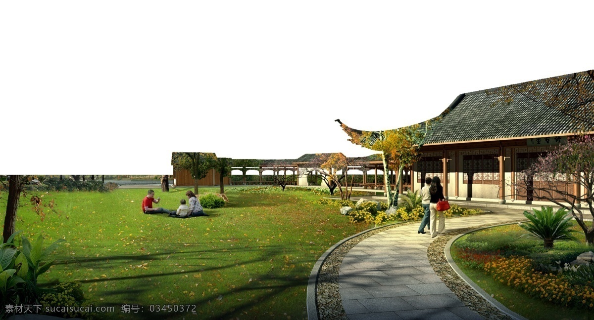 古建筑 庭廊 草地 廊道 长廊 庭院 花园 铺地 树木 花丛 倒影 天空 阴天 效果图 后期效果图 后期素材 后期 仿古 仿古建筑 人物 铁树 黄花 落叶 梦幻 白天 日景 瓦片 柱子 远景 绿色 黄色 建筑设计 环境设计 源文件